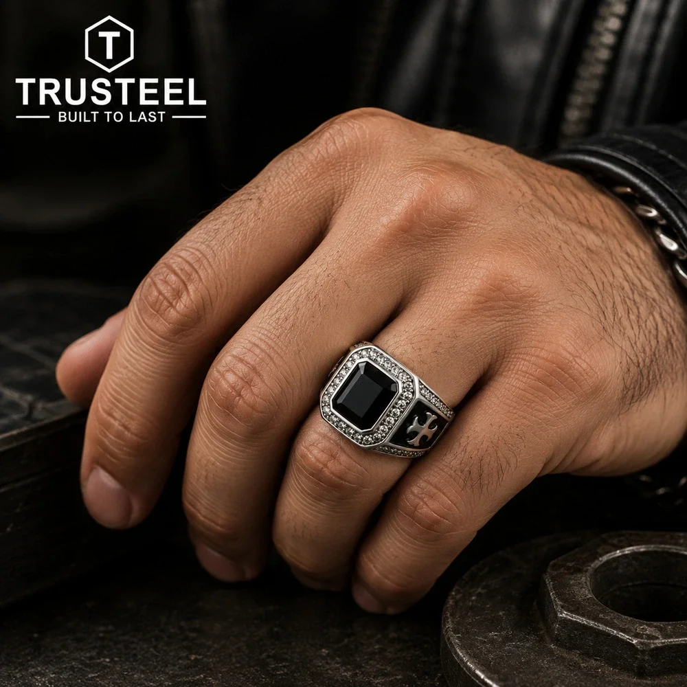 Men’s Stainless Steel Black CZ Signet Ring Cross Biker Gothic Punk Size 10